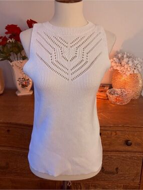 LOFT Sleeveless White Knit Tank Top Sweater with Eyelet Detail Small